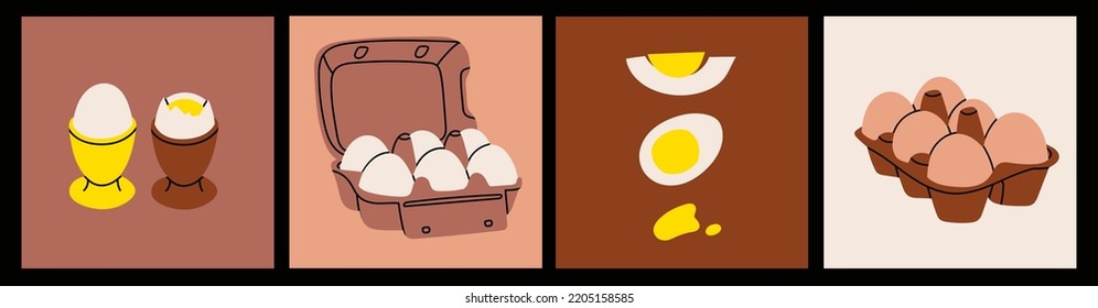 Chicken Eggs in carton boxes, boiled eggs. Eggs with and without shell. Breakfast, organic farm food concept. Poultry production. Hand drawn Vector illustration. Isolated elements