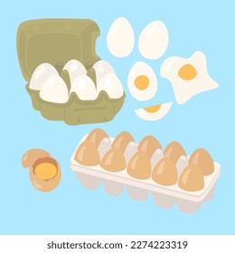 Chicken eggs in carton boxes, boiled and fried eggs Breakfast, organic vector illustration design