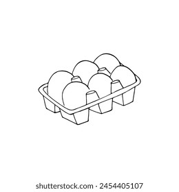 Chicken eggs in a carton pack. Eggs in an opened box. Hand-drawn vector illustration of an egg container  Isolated on a white background.