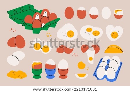 Chicken eggs. Cartoon boiled raw fried egg yolk carton boxes, broken eggshell proteins organic food. Vector isolated set
