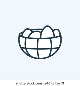 ​ Chicken eggs in a checkered bowl line icon. Raw or boiled food. ​ Outline pictogram for web site or mobile app. Isolated vector illustration with editable stroke. Cooking concept. Decorative element