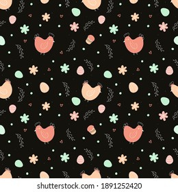 Chicken and eggs easter seamless pattern. Cute cartoon vector flat illustration. Design for Easter, packaging paper, textiles.
