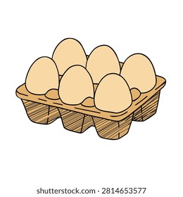 Chicken eggs, eggshells, and yolks. Raw, boiled, poached, and fried protein foods in shells. Farm feed in a box, packed in a cardboard carton. Isolated vector illustrations.