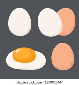 Chicken eggs food icon vector. White and brown Chicken egg in shell, fried egg, scrambled egg. Illustration of eggs in flat minimalism style.