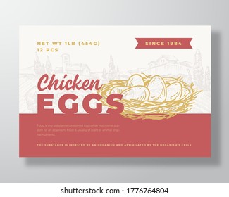 Chicken Eggs Food Label Template. Abstract Vector Packaging Design Layout. Modern Typography Banner With Hand Drawn Nest And Rural Landscape Background. Isolated.