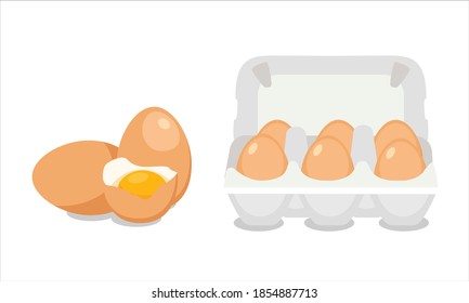 Chicken eggs. Fresh brown eggs in paper box vector illustration