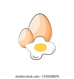 chicken eggs and fried egg on white background. vector, illustrator