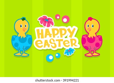 Chicken Eggs Happy Easter Holiday Banner Colorful Greeting Card Flat Vector Illustration