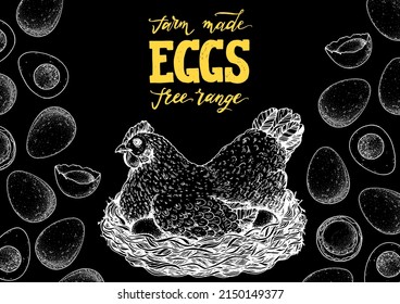 Chicken eggs. Hen sitting in the nest. Hand drawn illustration. Farm eggs design template. Vector illustration. Healthy food. Package design elements.