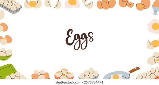 Chicken eggs in horizontal banner. Farming and agricultural. Raw and boiled eggs, broken and whole eggshells, protein and yolk. Vector illustration.