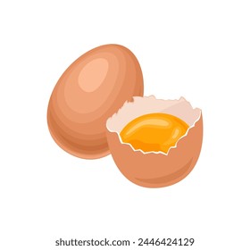 Huevos de pollo aislados sobre fondo blanco. Huevo entero y medio con yema en cáscara de huevo. Vector ilustración de dibujos animados.