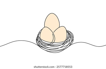 Chicken eggs linear background. Hand drawn bird eggs in nest. Vector illustration.