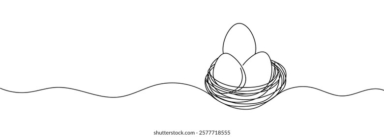 Chicken eggs linear background. Hand drawn bird eggs in nest. Vector illustration.