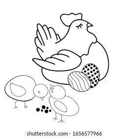 Chicken and eggs, little chickens eat food, with white background. Vector illustration hand draw for easter holidays design. Doodle Style.