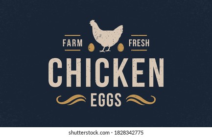 Chicken eggs logo, poster with grunge texture. Retro print. Chicken eggs logo, label, badge. Vintage poster for restaurant, grocery store, meat shop. Vector illustration 