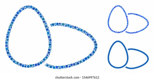 Chicken eggs mosaic of round dots in variable sizes and color hues, based on chicken eggs icon. Vector dots are united into blue mosaic. Dotted chicken eggs icon in usual and blue versions.