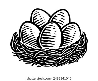 Chicken eggs in the nest, emblem. Poultry farm symbol. Organic food vector illustration