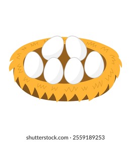 Chicken eggs in the nest isolated on white background. Poultry breeding clipart in cartoon style. Great for farm and agriculture design. Vector illustration