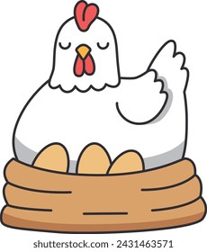 Chicken and eggs in a nest. Vector illustration in flat style.