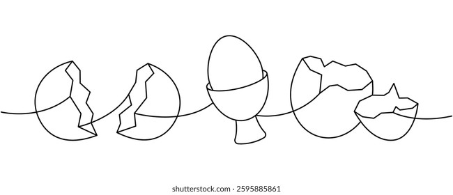 Chicken eggs one line continuous drawing. Boiled eggs, broken eggshell, omelette, protein and yolk. Vector illustration