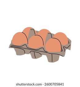 Chicken eggs in an open cardboard package. The egg box is isolated on a white background. 
