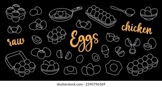 Chicken eggs outline set. Raw and boiled eggs, broken and whole eggshells, protein and yolk, omelette. Farming and agricultural. Vector illustration.