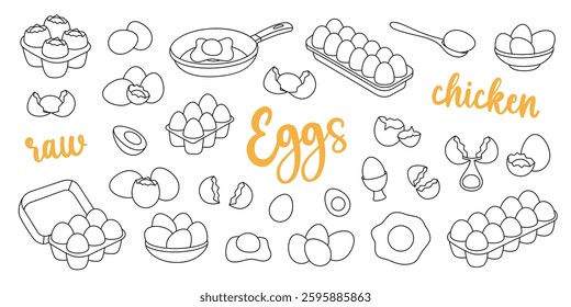 Chicken eggs outline set. Raw and boiled eggs, broken and whole eggshells, protein and yolk, omelette. Organic farm product. Vector illustration.