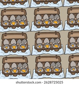 Chicken eggs in packaging. Fresh brown eggs in paper box, container. Fresh raw eggs whole and broken in white and yellow. Vector illustration. Flat cartoon style. Breakfast, organic farm food concept.