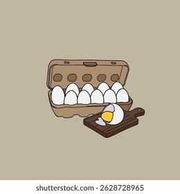 Hühnereier in Verpackungen. Frische braune Eier in Papierschachtel, Behälter. frische, rohe Eier, ganz und in Weiß und Gelb zerkleinert. Vektorgrafik. Flacher Cartoon-Stil. Frühstück, Bio-Farm-Food-Konzept.
