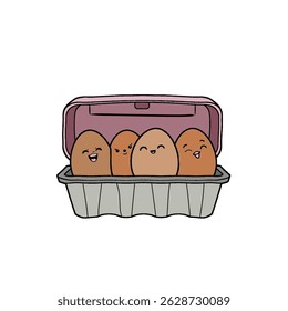 Chicken eggs in packaging. Fresh brown eggs in paper box, container. Fresh raw eggs whole and broken in white and yellow. Vector illustration. Flat cartoon style. Breakfast, organic farm food concept.