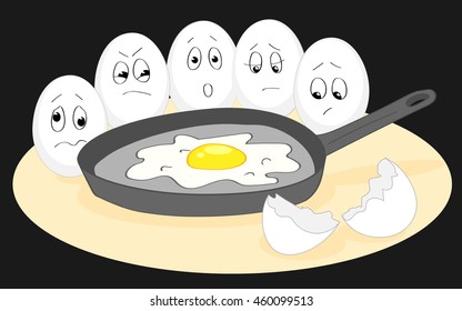 Chicken eggs with painted smiles. The emotions of fear and despair. Scrambled in a frying pan. Broken shell. Humor. Funny characters. Vector illustration.