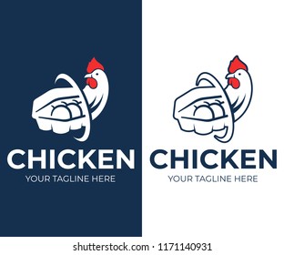 Chicken and eggs in a paper box on a white and blue background, logo design. Agriculture, farming,  food, bird and pet, vector design. Nature and animal, illustration