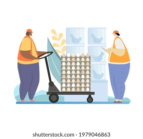 Chicken eggs poultry farm. Man and woman of mix race move pallet to storehouse using pallet truck. Flat cartoon vector illustration concept design online web banner. Isolated on white background