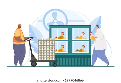 Chicken Eggs Poultry Farm. Man And Woman Care, Feed And Collect Eggs From Laying Hens. Avian Vet. Flat Cartoon Vector Illustration Concept Design Online Web Banner. Isolated On White Background