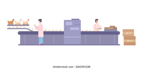 Chicken Eggs Production Industrial Conveyor Belt With Working People, Cartoon Vector Illustration Isolated On White Background. Chicken Factory Workers Packing Eggs.