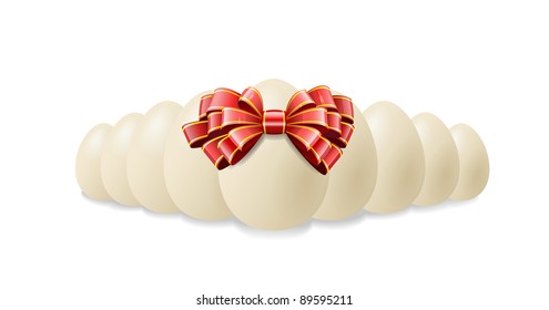Chicken eggs and red bow are shown in the image.