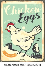 Chicken eggs retro sign design with chicken comic style drawing and farm barn. Vintage poster design for farm fresh eggs. Vector illustration.