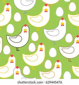 Chicken and eggs seamless pattern. Farm bird background ornament
