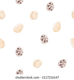 Chicken eggs seamless pattern. Healthy Protein food. Poultry farming. For printing, brochures, shops, restaurants and farming, wallpapers, print products. Vector cartoon illustration.