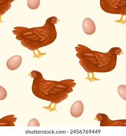 Chicken and eggs seamless pattern. Vector background. Cartoon flat illustration of poultry bird.