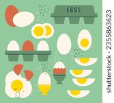 Chicken eggs set. Boiled, fried egg. Breakfast, organic farm food concept. Eggs with broken and whole shell. Farm food packed in cardboard box, container, in eggcup. Flat vector illustration, isolated