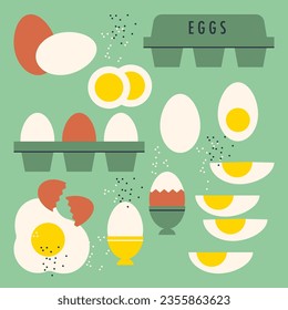 Chicken eggs set. Boiled, fried egg. Breakfast, organic farm food concept. Eggs with broken and whole shell. Farm food packed in cardboard box, container, in eggcup. Flat vector illustration, isolated