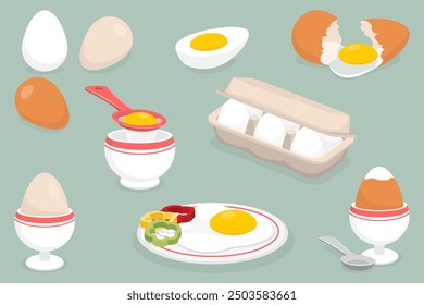 Chicken eggs set. Boiled, fried and raw yellow yolks with broken and whole shell. Cup for breakfast, egg separator. Natural and organic products packed in cardboard box.