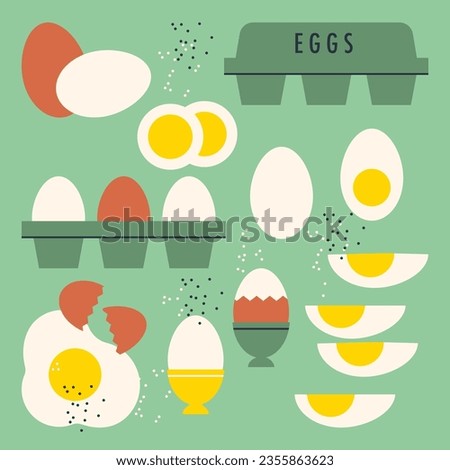 Chicken eggs set. Boiled, fried egg. Breakfast, organic farm food concept. Eggs with broken and whole shell. Farm food packed in cardboard box, container, in eggcup. Flat vector illustration, isolated