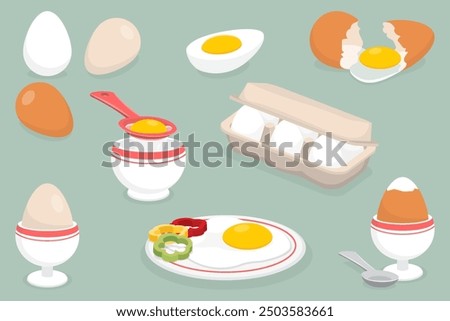Chicken eggs set. Boiled, fried and raw yellow yolks with broken and whole shell. Cup for breakfast, egg separator. Natural and organic products packed in cardboard box.