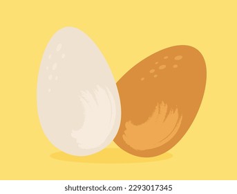 Chicken eggs set. Natural and organic products, healthy nutrition. Breakfast or dinner. Design element for greeting postcard for Easter. Cartoon flat vector illustrations isolated on yellow background