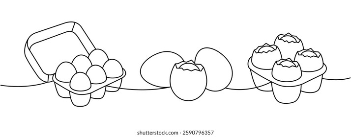 Chicken eggs set one line continuous drawing. Boiled eggs, broken eggshell, omelette, protein and yolk. Vector illustration