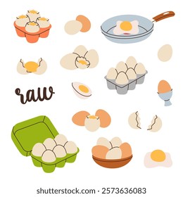 Chicken eggs set. Raw and boiled eggs, broken eggshells, protein and yolk. Hand drawn elements for cafe menu, restaurants. Vector illustration.