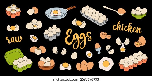 Chicken eggs set. Raw and boiled eggs, broken and whole eggshells. Organic farm product. Farming and agricultural. Vector illustration.