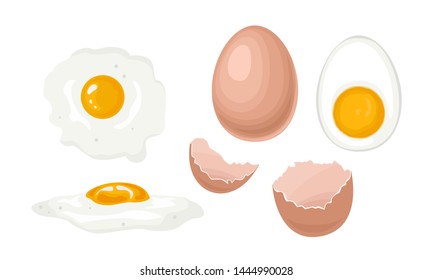 Chicken Eggs Set. Whole Chicken Egg In Brown Shell, Half Boiled Egg With Yolk, Fried Egg, Broken Egg Shell. Vector Stock Illustration In Cartoon Simple Flat Style.
